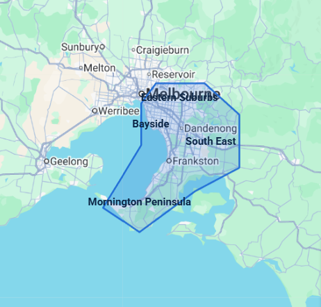 APEX Plumbing service area map covering Melbourne's Eastern Suburbs, Bayside, South East and Mornington Peninsula